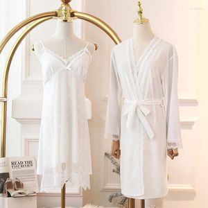 Women's Sleepwear White Solid Causal Bride Wedding Robe Sets Sexy Velour Warm Kimono Gown Autumn Winter Lace Womens Nighties 2PCS