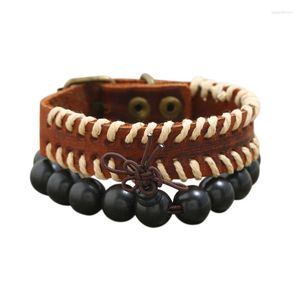 Bangle 2 Piece/Set Multilayer Wood Bead Leather Men Bracelet Braided Vintage Bracelets & Bangles For Male Gift Fashion Pulseira