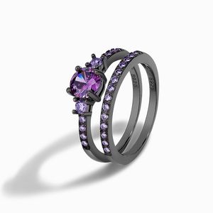 Europeiska och amerikanska sterlingsilver S925 Svartguld Medium Purple Red Stone Round Double Layer Fine Ring Smycken Kvinnorring