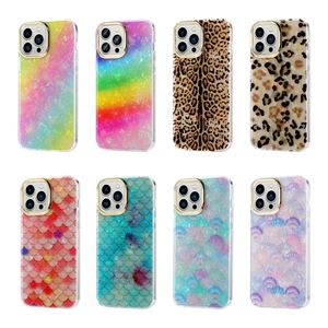 Leopard Marble Fish Scale Shell Soft IMD TPU Case na iPhone 15 14 Plus 13 Pro Max 12 11 Fashion Bling Bling Chromed Posating Metalic Rainbow Mobile Phil Cover telefon