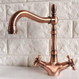 Red Copper Brass Cozinha Banheiro Pia de pia de buraco único Baça giratória Torneira dupla alças cruzadas Torneira de água