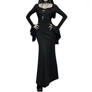 Sukienki swobodne Halloween gotycka kobiety jesienne sukienki z rękawem flary dna podłogowa czarownica długa cosplay impreza vestidos goth