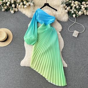 Casual Dresses Women Tie Dye Print Långärmning One Shoulder Pleated Maxi Dress Beach Holiday Club Evening Vestidos