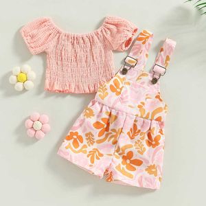 Conjuntos de roupas 2023-02-09 0-5years crianças meninas 2pcs verão conjunto manga curta plissada camiseta floral suspender shorts moda outfit