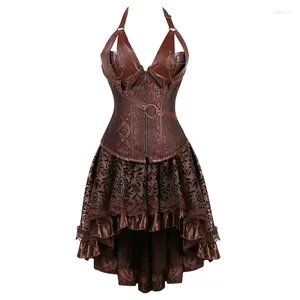 Bustiers Corsetti Abito da corsetto a vapore gotico in pelle overbust e gonna pirata festumi di halloween marrone