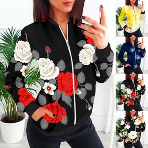 Jackets femininos Autumn Zip Up Bomber Bomber for Women Korean Style Chaquetas Harajuku Floral Print Stand Collar Coats Streetwear
