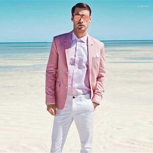 Men's Suits Summer Beach Pink Linen Men For Wedding Suit Groom Tuxedos Notched Lapel 2Piece White Pants Slim Fit Terno Masculino