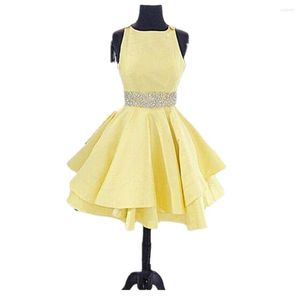 Party Dresses Yellow Cross Back Boat Neck Homecoming A Line Beaded Girls Junior Dance Formal Graduation Mini Cocktail Prom Gowns