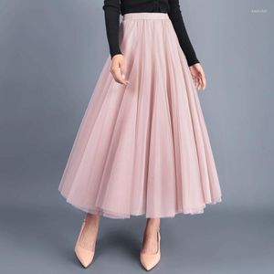 Röcke Damen Pink 2023 Frühling geschwollener Knöchelrock hoher Taille Slim Fairy Half-Körper Falten-Mesh A-Line Mode koreanischer Stil