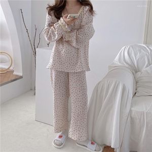 Kvinnors sömnkläder 3 Färg Cherry Pyjama Set Women Home Clothes Lace Crepe Cotton Gaze Korean Suit Trousers Service Spring L829