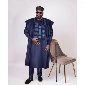Ethnic Clothing H&D African Clothes For Men Bazin Navy Blue Embroidery Robe Shirt Pants 3 PCS Set Wedding Party Musulman Trads Wears