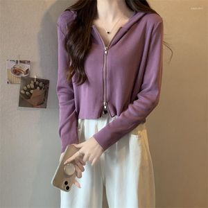 Damskie koszule kobiety eleganckie jesienne podwójne zamek błyskawiczne z kapturem krótka kurtka w stylu Knitted Cardigan Tops Crop Y2K