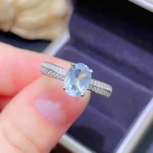 Ringos de cluster jóias finas prata esterlina azul natural topázio feminino para festa do anel Girl casar ficou noivo do Dia dos Namorados