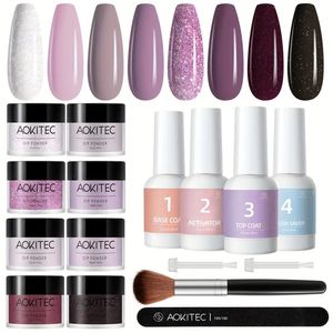 Aokitec 16Pcs Dip Powder Nail Kit Purple Glitter Dipping Powder Starter Set DIY Salon Dip System Liquid Nails Art Kits