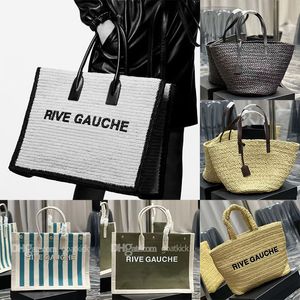 Rive Gauche Tote Bag aus Raffiabast und Canvas-Leder, weiches Licht, mit großen Griffen, Unterarm-Umhängetasche, Damen-Handtasche aus Leinen, Damen-Handtaschen, Tragetaschen