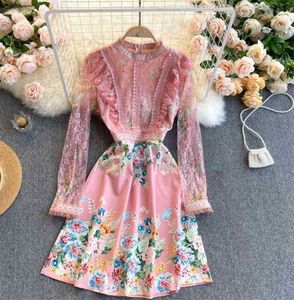 Women Fashion Lace Mesh Embroidered Hook-up Round Collar Long-sleeved Wooden Ear Slim A-line Dress Elegant Print Vestidos R800 210527
