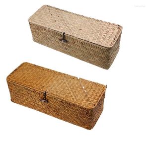 Storage Baskets 2 Colors Woven Basket With Lid Rattan Sundries Box Makeup Organizer Handmade Wicker Laundry Clothing