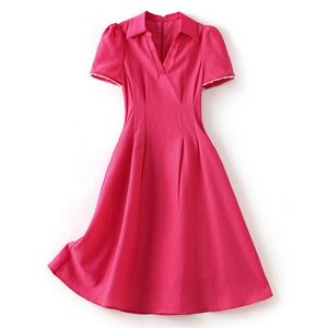 2023 Summer Red Solid Color Panelled Dress Short Sleeve V-Neck Knee-Length Casual Dresses W3L043201