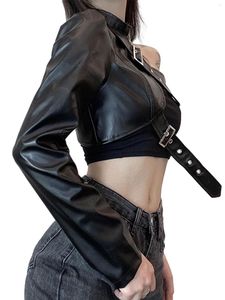 Casual Kleider Frauen Gothic Punk Style Crop Top mit asymmetrischer Single Long Sleeve und Nackenbügel mit PU -Ledergürtel angeschlossen