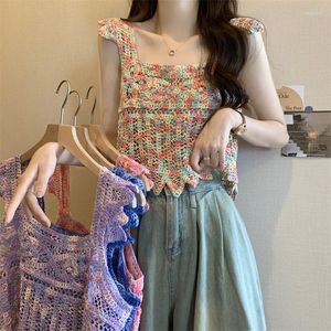 Women's Tanks Crochet Tank Top Hook Flower Hollow Crop Tops Color Blocking Camis Female Square Collar Summer Woman Vintage Drop