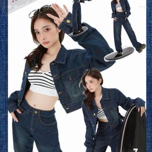Kadın Ceketleri Vintage Chic İnce Uzun Kollu Denim Kadınlar Y2K E-Girl Yüksek Bel Geniş Bacak Pantolonları Yaz Grunge İki Parçalı Setler