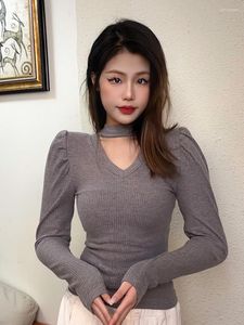 Kobiety Sweters Korea Slim Sexy V Neck Puff Rleeves Sweater Pullovers Długie rękawie Top Fashion Tops C764