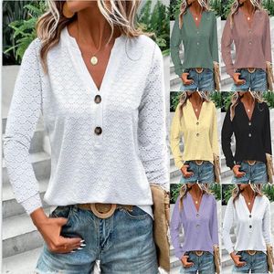 Blouses feminina outono para mulheres 2023 Winter Fashion Casual Solid Colors Button Butão V camisas de manga longa em vulsão branca Pullovers de topo branco