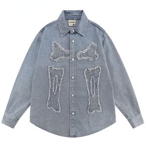 Men s Casual Shirts Autumn Mens Button Up Denim Hip Hop Skeleton Patch Design Blouses Streetwear Harajuku Cotton Jean Clothing 230814