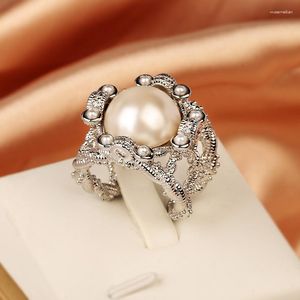 Cluster Rings Women Vintage Baroque Freshwater Pearl 925 Silver Hollow Design Elegant Cocktail Party Resizable Ring Fine Jewelry Gift