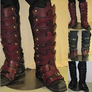 Klänningskor retro medeltida rustning cosplay skor täcker spänne pu läder vattentäta svartbruna soldat riddare långa stövlar-täcker justerbara 230812