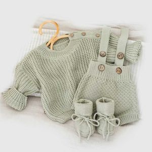 New Born Organic Cotton Outfit Knitted Set Chunky Baby Sweater Overalls Bloomers Clothes Knit Clothing