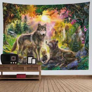 Tapissries Wolf Moon Tapestry Tygvägg hängande djur hippie stor tyg skog estetisk tapestry dedroom sovsal dekor