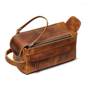 Kosmetiska väskor Nesitu Vintage Brown Black Top Grain äkta galna hästläder Kvinnor Män reser toalettart Wash Make Up Bag M9049