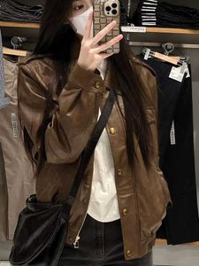 2023 Autumn Pure Desire Style New Imitation Sheepskin Coffee PU Leather Coat Women's Leather Jacket Versatile and Slim