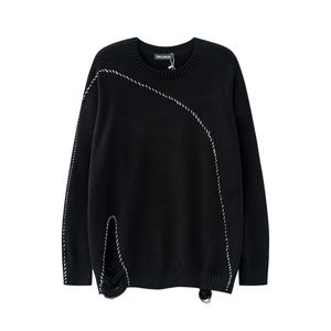 Men s Sweaters Solid Color White Black Thread Lace Up Front Split Hole Ripped Sweater Crew Neck Retro Streetwear Oversized Loose 230814