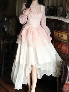 French Vintage Sweet Fairy Dres Bow Elegant Evening Party Midi Dresses Female Long Sleeve Korean Style Dress Summer 230808