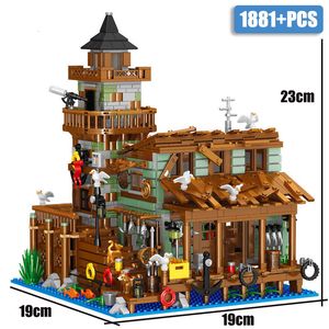 Blocks moc city store de pesca antiga cais de pescador de cabine mini tamanho de construção de rua vista de madeira brinquedos de tijolos para crianças 230814