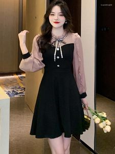 Casual Dresses 2023 Sweet Black Mini Dress Spring Fashion Bow Ruffles Long Sleeve Korean Chic Elegant A-Line Party Vestidos