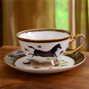 Mugs Vintage Horse Teacup and Saucer Euro Style Bone Porcelain Coffee Cup Set Royal Gold Trim Cup Saucer Present Box Packed 230812