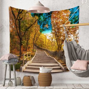 Arazzi Autunno Giallo Foresta Ruscello Paesaggio Arazzo Alberi di acero Foglie Appeso a parete Hippie Tapiz Decorazione da parete Arazzi Tappeti da parete