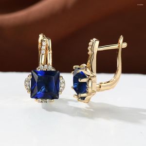 Hoop Earrings Princess Cut Square Royal Blue Purple Red Pink Black Stone Flower For Women Gold Color Wedding Small Ear Buckle CZ