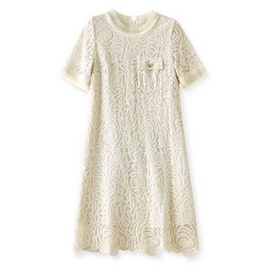 2023 Summer Purplesolid Color Lace Dress Kort ärm Runda nacke paljetter Knäslängd Casual Dresses W3L043109