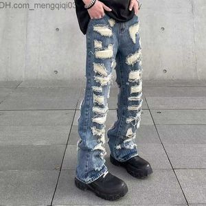 Men's Pants Tearing jeans men's European and American style street clothing hole pants men's Y2K fashion overly retro worn denim Trojan horse Z230815