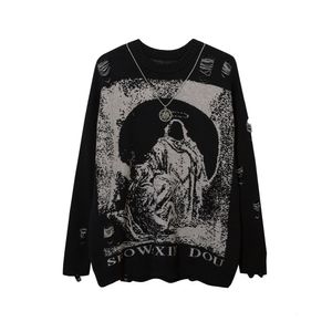 Suéteres masculinos com colar rasgado suéteres grandes desgastados de malha preta goth homens y2k grunge mulheres vintage suéter harajuku tops pullovers 230814