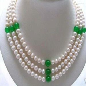 Kedjor naturliga sötvatten pärla 3 rader äkta 7-8 mm pärlor gröna jades bröllop/fest/boll/gåva halsband