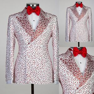 Red Beading Men Wedding Tuxedos White Peaked Lapel Groom Wear Slim Fit Prom Party Coat Only One Jacket