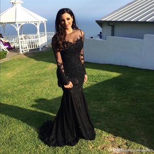 Evening Dresses 2017 Sexy Arabic Jewel Neck Illusion Lace Appliques Crystal Beaded Black Mermaid Long Sleeves Formal Party Dress P2814