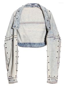 Kvinnors jackor casual mode denim solid långärmad vridning krage lapptäcke nit kappa kvinnlig sommar O329