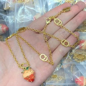 Cute Strawberry Pendant Necklace Designer Double Letter Chain Necklace Women Girls Collar Clavicle Choker Statement Necklaces Jewelry Sweater Chain CGN2 --05
