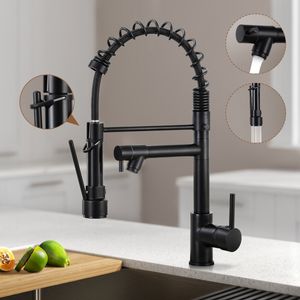 Black and Rose Golden Spring Pull Down Kitchen Sink Faucet Hot Cold Water Mixer Crane Tap med dubbel pip däck monterad